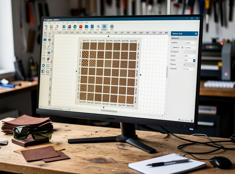 LightBurn software showing leather engraving material test grid with power and speed permutations