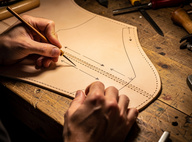 Beginner leatherworker tracing a printed paper pattern onto vegetable-tanned leather using a fine awl scribe, with grain direction arrows and stitch line markers visible on the pattern