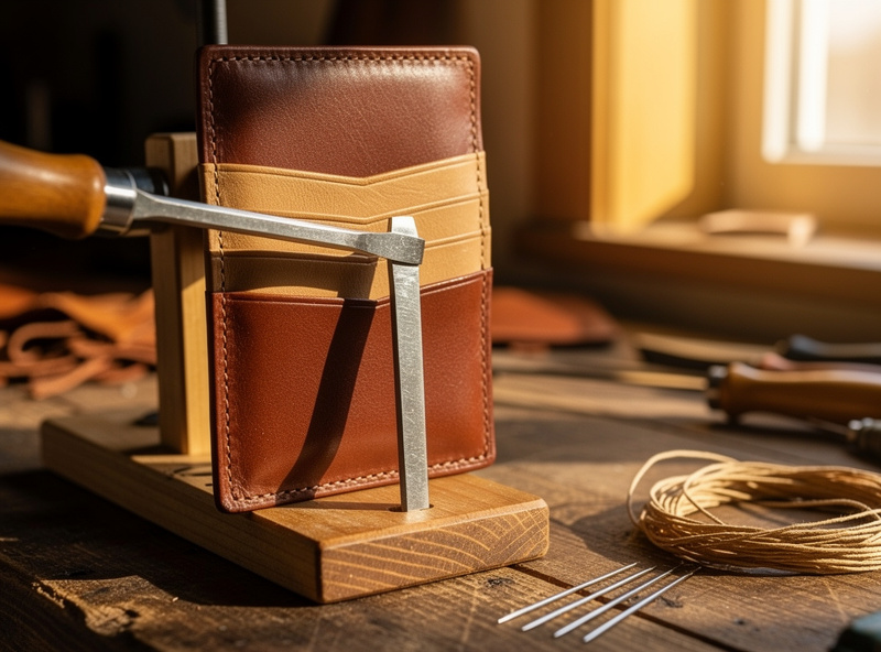 Bifold leather wallet under construction on a wooden stitching pony with the interior pieces aligned on the exterior backing and stitching chisel about to punch through all layers