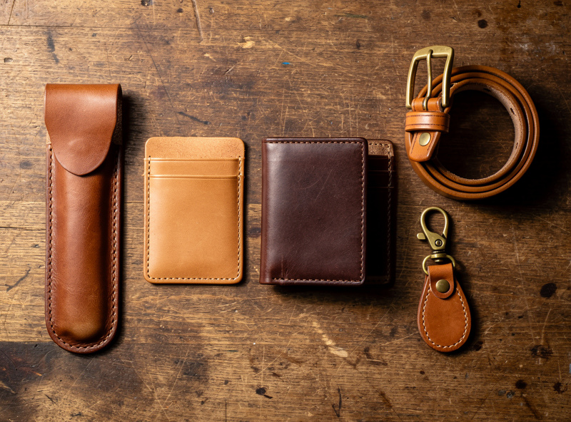 Five finished beginner leather projects displayed together on a wooden surface: pen sleeve, card holder, bifold wallet, belt, and key fob, all hand-stitched in saddle tan and dark brown