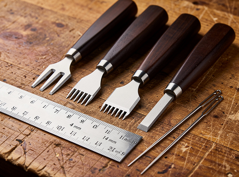 Set of leather stitching chisels in different sizes from 4 prong to 12 prong arranged on a wooden workbench with a steel ruler and harness needles