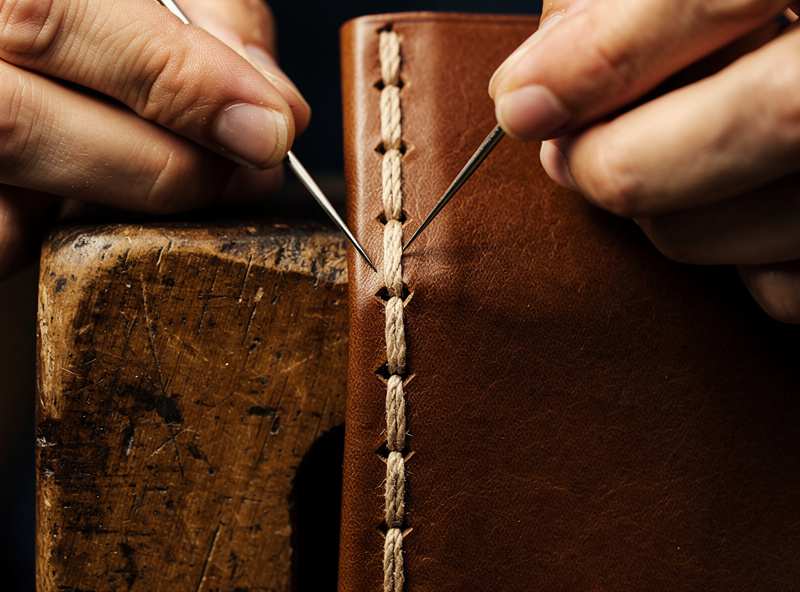 Hands using two harness needles to saddle stitch a brown leather wallet held vertically in a wooden stitching pony, waxed thread visible, workshop bench scene with warm directional lighting