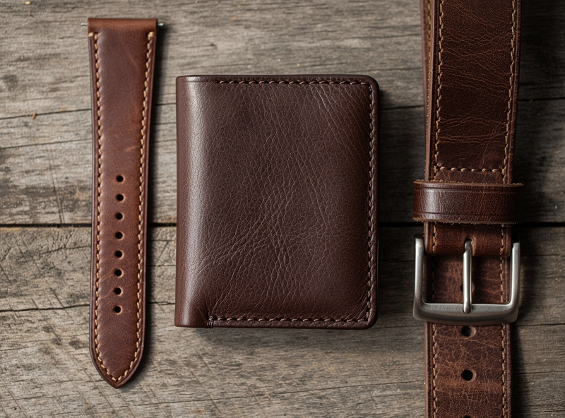 Three completed leather projects with different stitch densities visible: fine 8 SPI watch strap, standard 6 SPI bifold wallet, and rugged 5 SPI belt arranged side by side for comparison