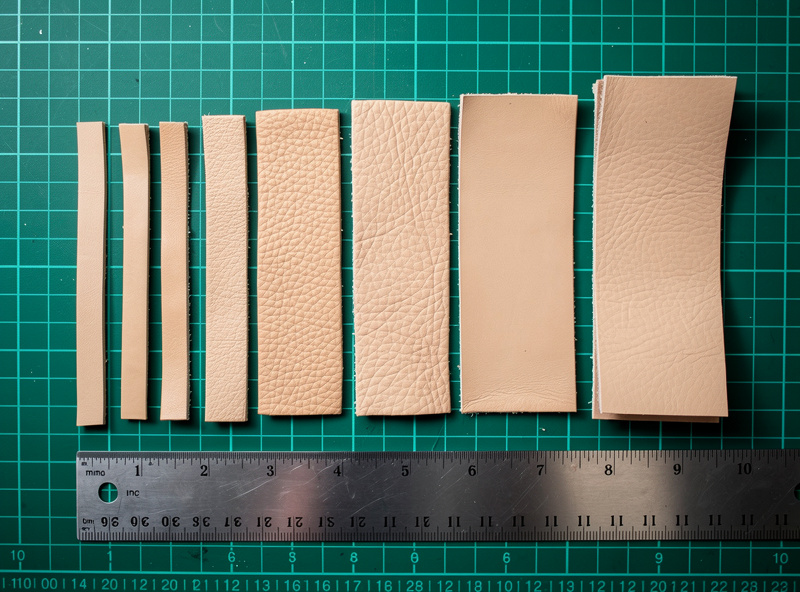 Side-by-side leather weight samples from 2 ounce to 8 ounce on cutting mat with measuring scale