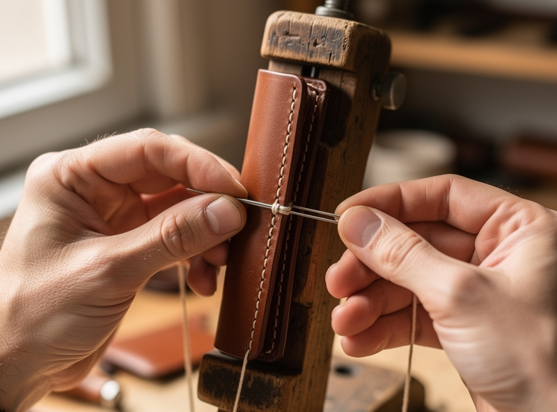 Hands using two harness needles to saddle stitch a brown leather wallet on a stitching pony clamp