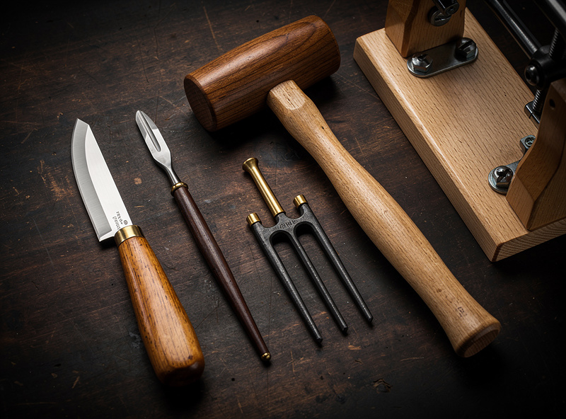 Macro close-up of essential leatherworking tools arranged on dark wood — curved skiving knife, edge beveler, diamond stitching chisel, four-prong stitching iron, wooden mallet, and stitching pony