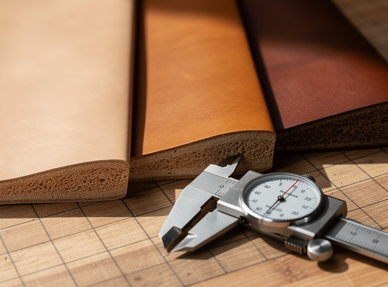 Three pieces of vegetable-tanned leather laid side by side on a wooden cutting mat showing different weights — 4-5 oz tooling leather, 6-7 oz medium weight, 8-9 oz heavy belt leather, with thickness gauge measuring one piece