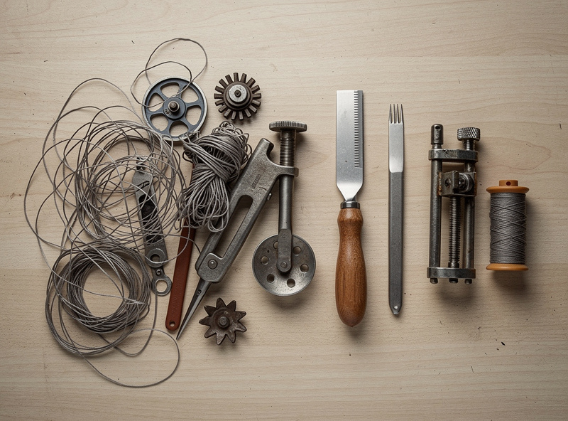 Top-down view of a wasted leatherworking purchase pile — flimsy stitching wheel, plastic pricking iron, dull rotary punch, cheap nylon thread — in a rejected pile next to quality replacement tools