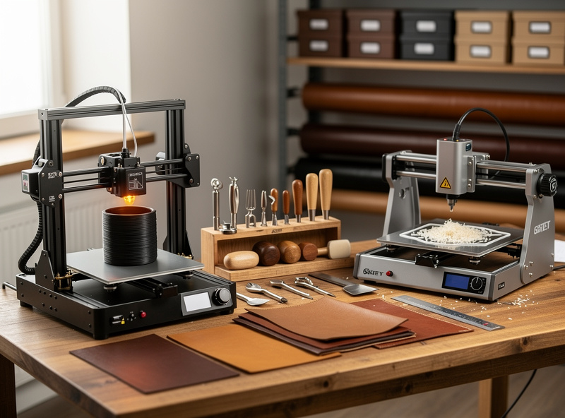 Workshop with a 3D printer and desktop CNC machine producing custom leatherworking tools including printed edge slickers and CNC-cut acrylic templates, organized maker space scene