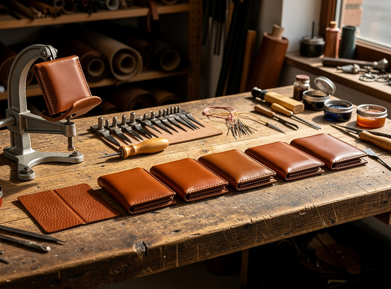 Side-by-side comparison of two brown leather bifold wallets on a wooden workbench, one showing crisp saddle-stitched seams and a slicked edge, the other showing a flatter machine-stitched seam and an untreated cut edge