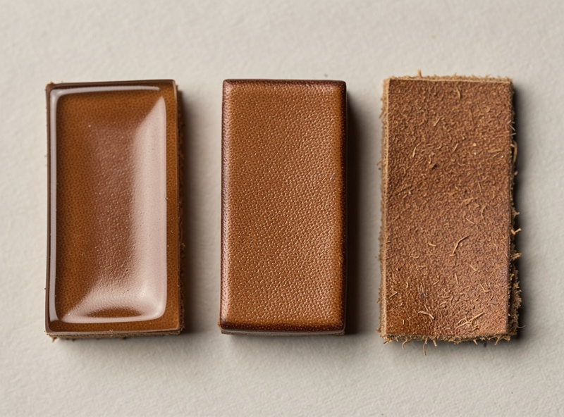 Macro view of three identical pieces of vegetable-tanned leather scrap arranged side by side after burnishing — left with Tokonole showing glass-like glossy edge, middle Gum Tragacanth with matte slightly darker edge, right plain water with duller still-fibrous edge