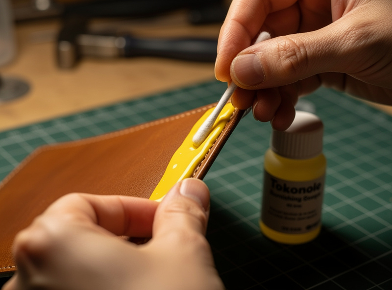 Hands applying yellow Tokonole burnishing compound to the edge of a vegetable-tanned leather wallet using a cotton swab in a thin even coat