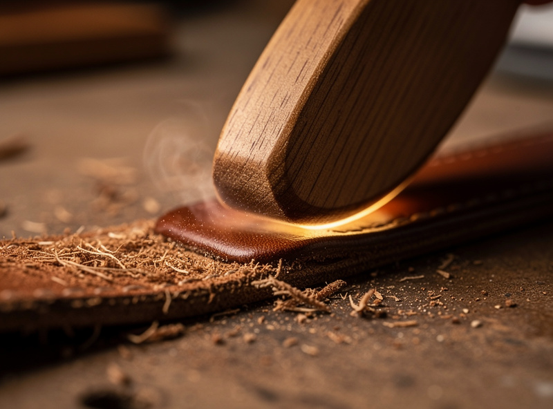 Macro close-up of a wooden burnishing slicker rubbing along the edge of a leather strap with friction generating slight heat as the leather edge transitions from rough to glass-smooth