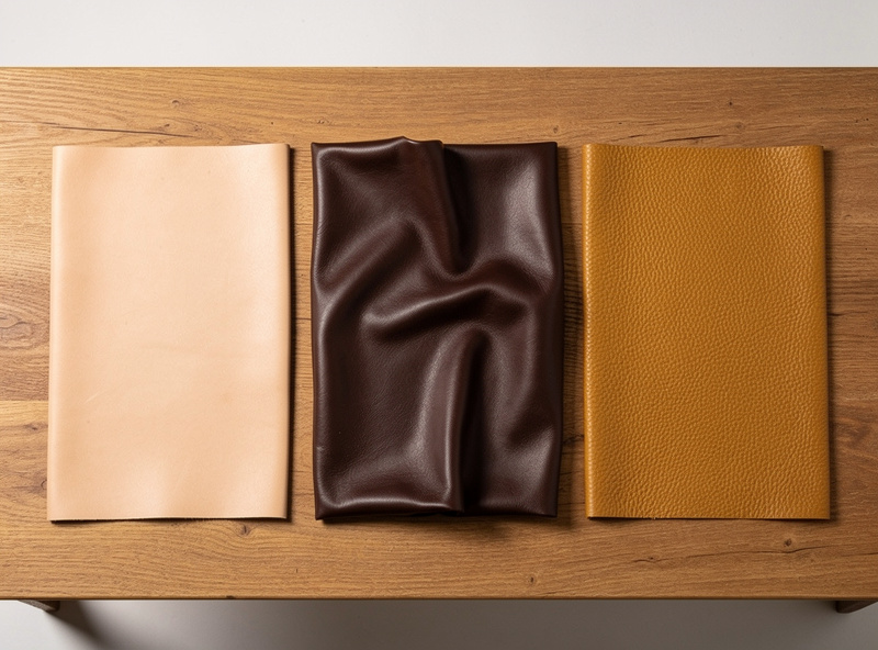 Three leather samples laid side by side showing different tannages: pale natural vegetable-tanned, soft drapey chrome-tanned in dark brown, and combination-tanned in tan, on a wooden bench