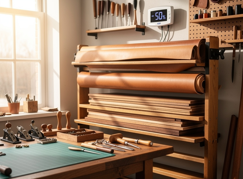 Workshop leather storage solution with vegetable-tanned hides rolled grain-inward on a hardwood rack with humidity meter mounted nearby
