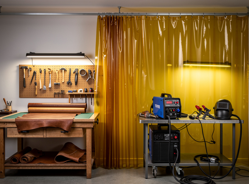 Welding curtain dividing leather workbench from welding station in home workshop