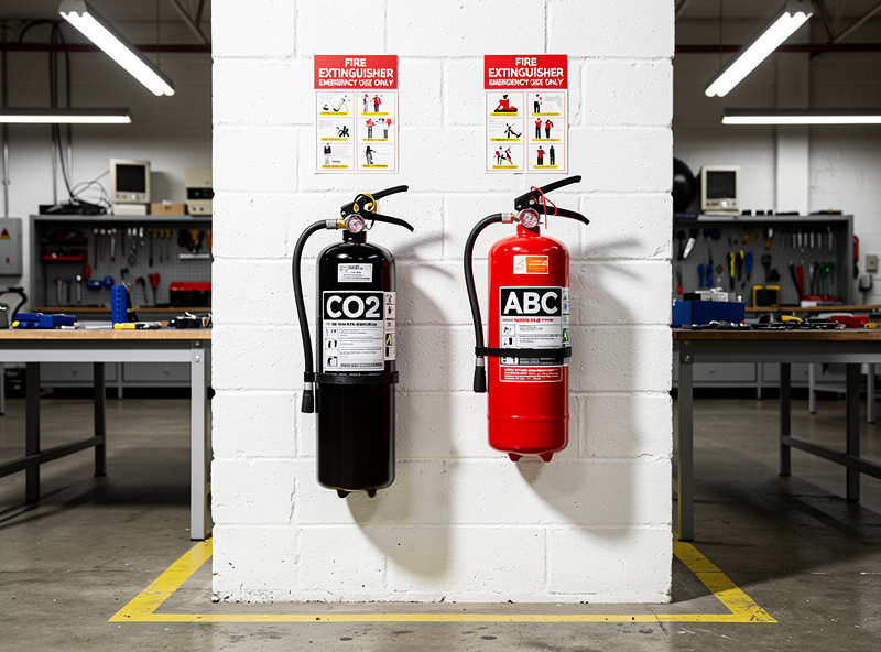 Fire extinguishers CO2 and ABC mounted on wall between workshop stations