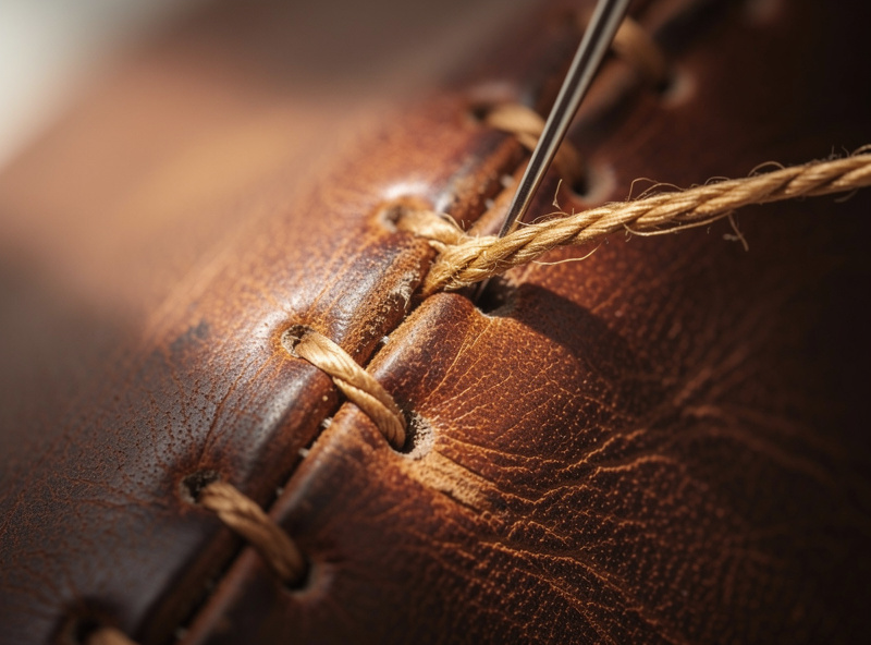 Close-up of a leather seam start showing a tail of waxed thread being tucked back through an existing stitch hole to lock the beginning without a knot