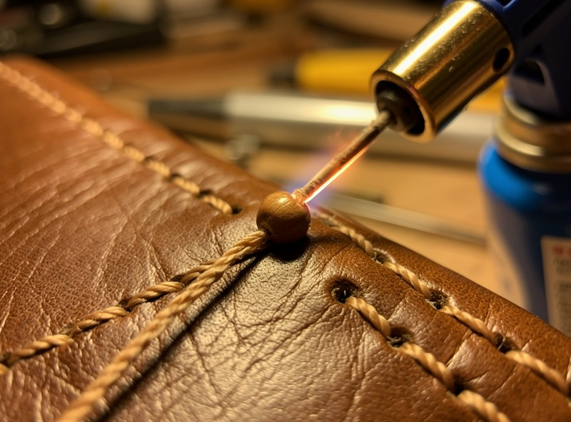 A butane micro-torch flame melting the trimmed end of waxed polyester thread into a small bead on a hand-stitched brown leather seam