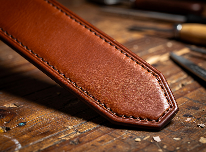 A finished brown leather belt end showing a neatly backstitched and recessed stitch line with sealed thread ends