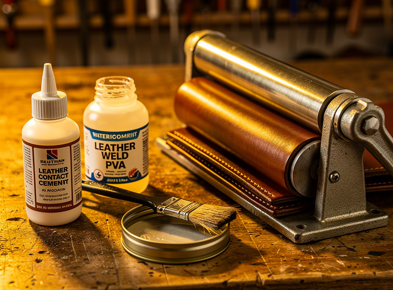 A bottle of leather contact cement with a brush applicator beside a tin of water-based cement and a bottle of leather weld PVA on a workbench, two glued leather pieces clamped under a roller