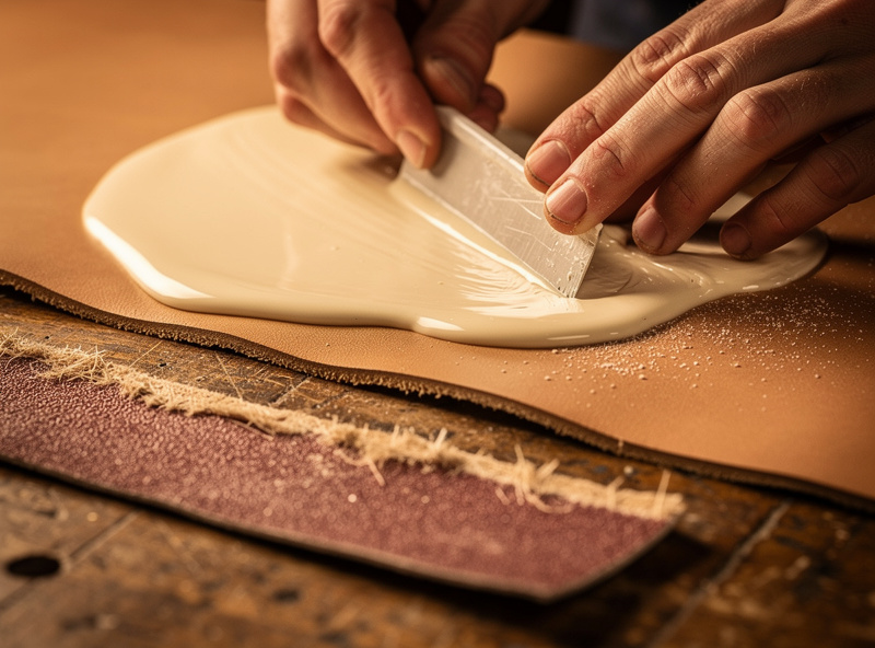 Hands applying a thin even layer of contact cement to the flesh side of a leather panel with a small spreader, the grain side roughed with sandpaper nearby, warm workshop light