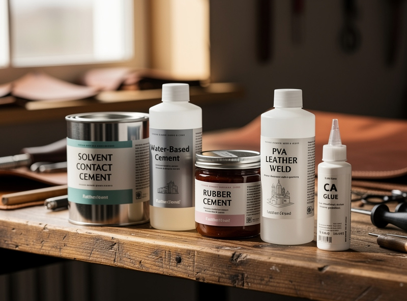 A row of leather adhesives on a workbench shelf: solvent contact cement, water-based cement, rubber cement, PVA leather weld, and a small bottle of CA glue, labeled and organized
