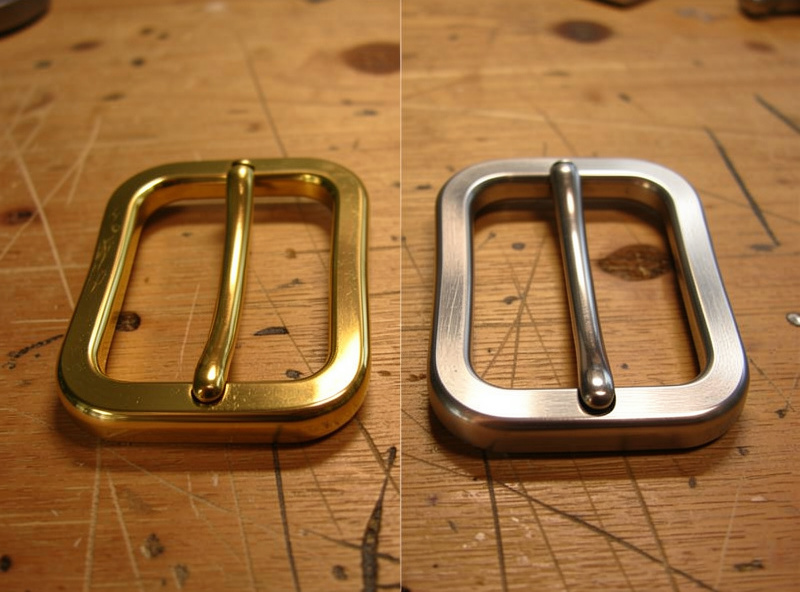 Comparison of brass and stainless steel dog collar buckles and welded rings on a bench