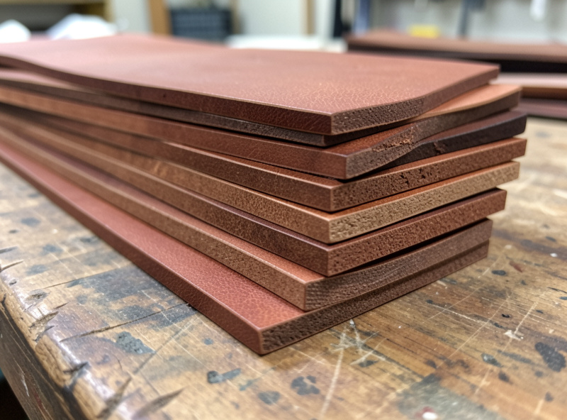 Stack of bridle leather straps in different weights laid out on a workshop bench showing thickness differences