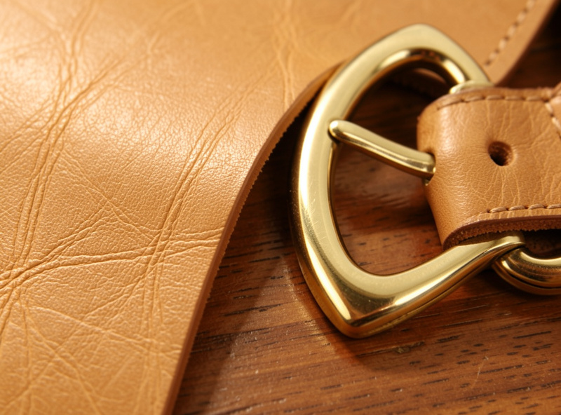 Close-up of waxy bridle leather strap showing the stuffed grain surface next to a brass collar buckle