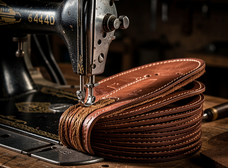 Heavy 441-class cylinder-arm leather sewing machine stitching a thick stacked leather gun belt with heavy bonded thread