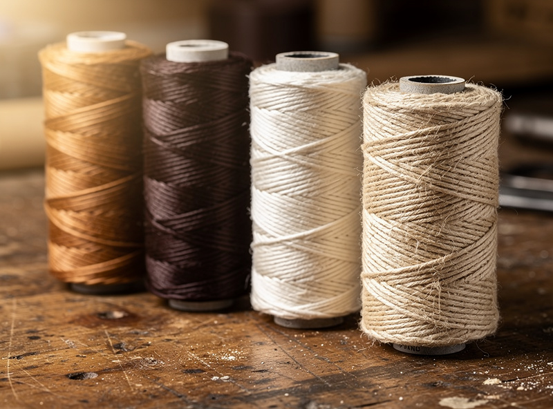Spools of waxed polyester braided leather thread in multiple colors beside a spool of natural waxed linen thread on a workshop bench