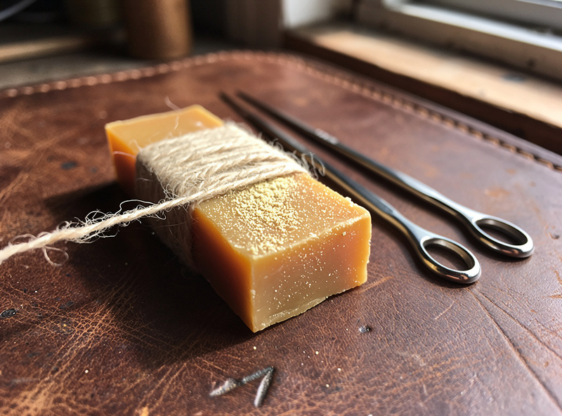 Natural waxed linen thread being drawn across a block of beeswax beside two harness needles on a leather workshop bench