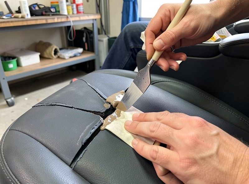 Hands applying flexible leather filler with a spatula into a crack on a car seat