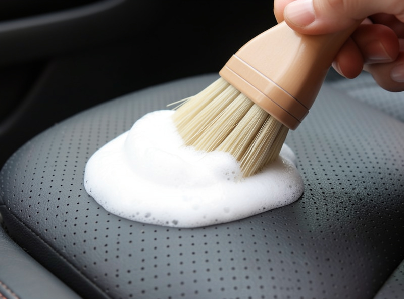 A soft detailing brush agitating leather cleaner foam on the perforated leather of a car seat