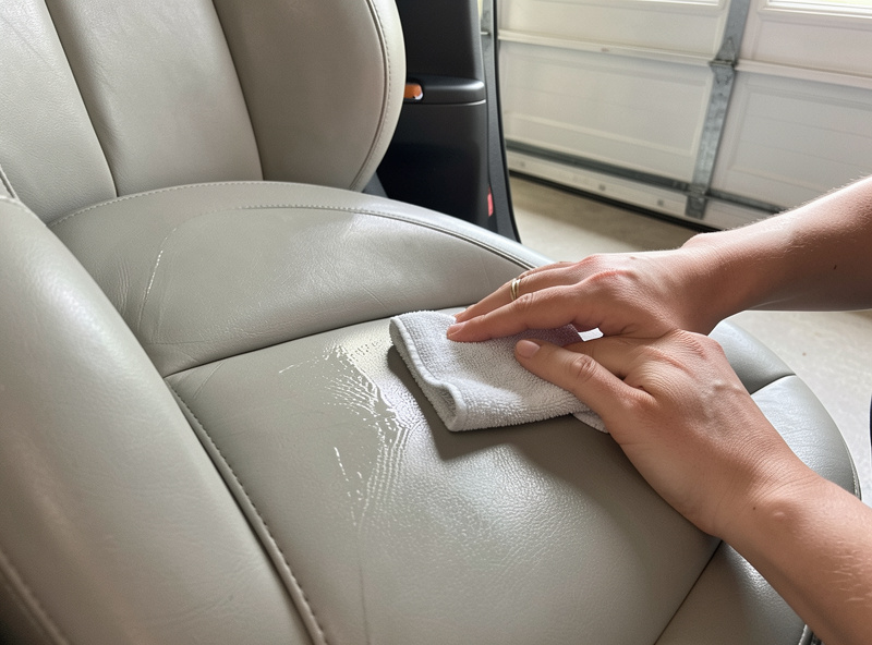 Applying leather conditioner to a clean car seat with a microfiber applicator pad for an even sheen