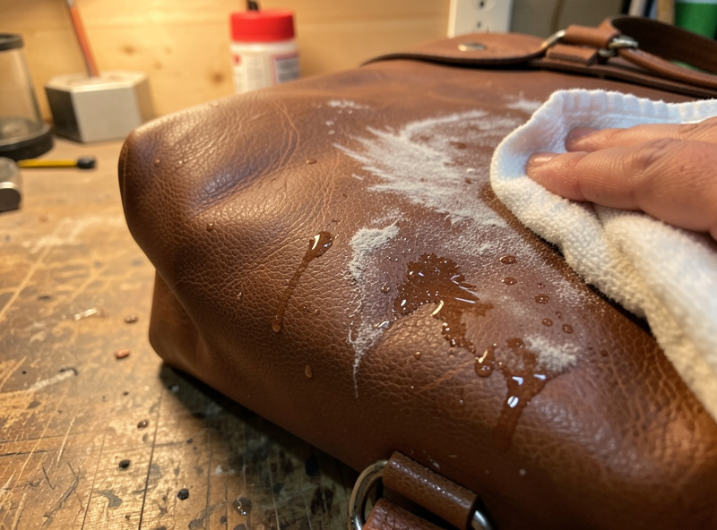 A damp cotton cloth wiping grime from the grain of a brown leather bag on a workbench