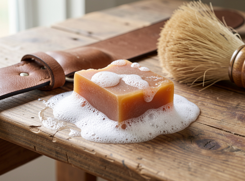 A damp sponge working light saddle soap foam on a leather belt with a horsehair brush nearby