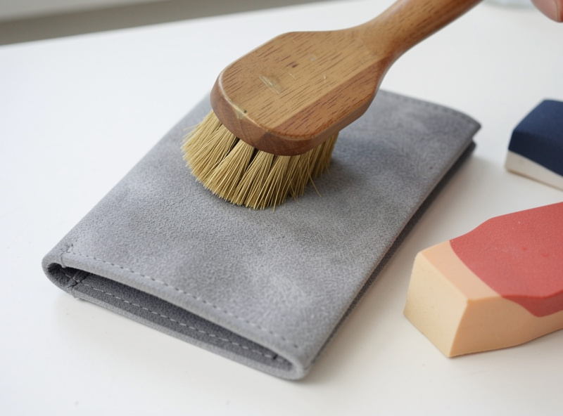 Cleaning gray suede with a dry suede brush and rubber eraser block, no liquids