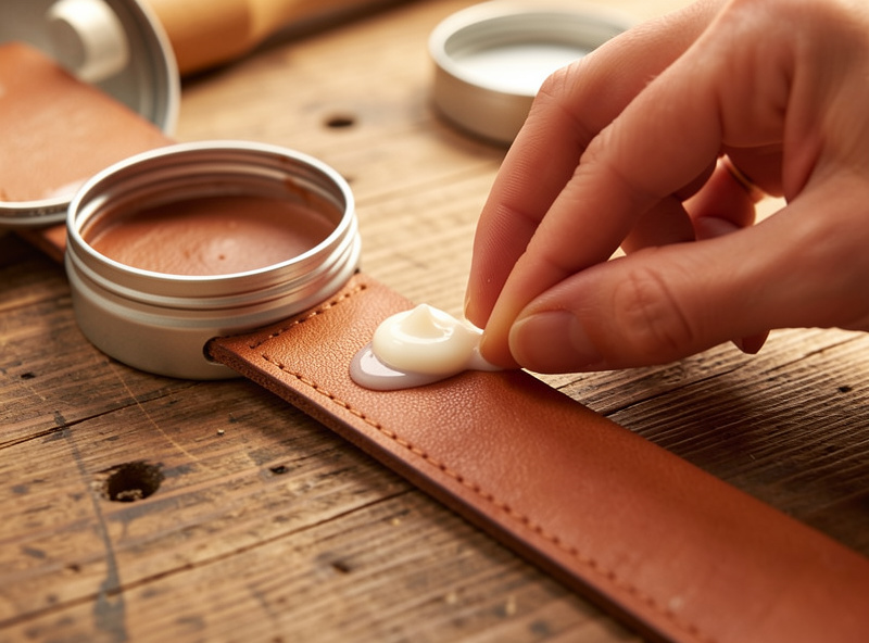 Fingertips working a thin coat of conditioner cream into a veg-tan leather belt