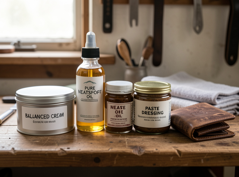 A shelf of leather conditioning products including balanced cream, neatsfoot oil and paste dressing