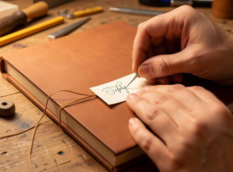 Hands sewing a paper signature to a leather cover board with a curved bookbinding needle