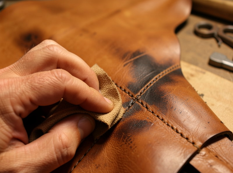 Antique finish being wiped back out of tooled veg-tan leather to leave pigment in the recesses