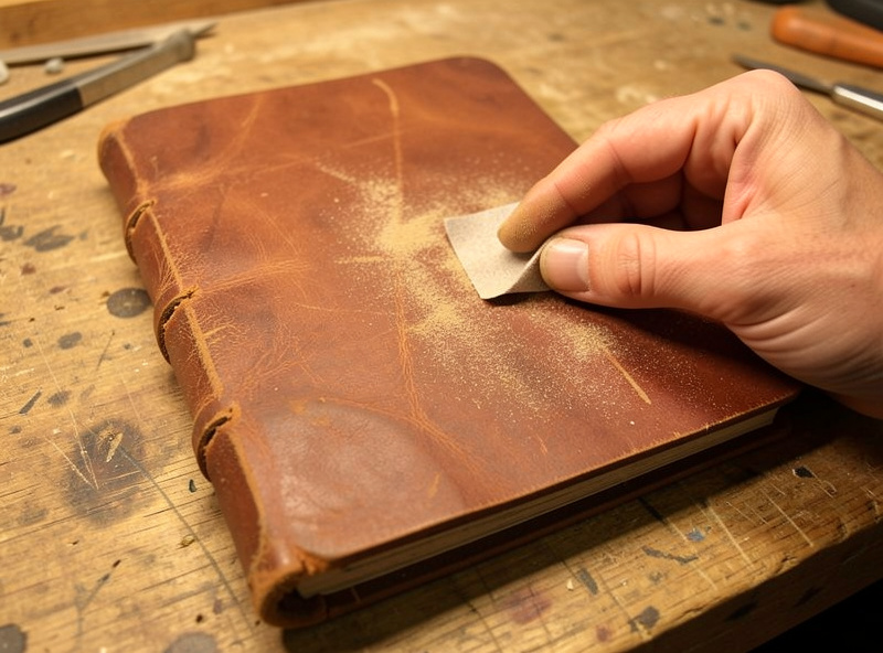 Sanding and scuffing the edges and corners of a leather journal cover to simulate years of handling