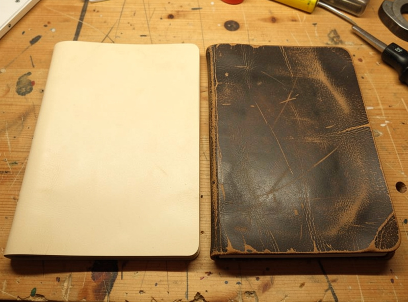 A new veg-tan journal cover beside a deliberately aged and distressed one for comparison
