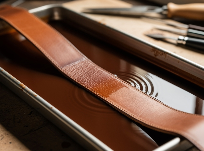 A long leather belt strap being dip-dyed in a long shallow tray of brown dye for even color