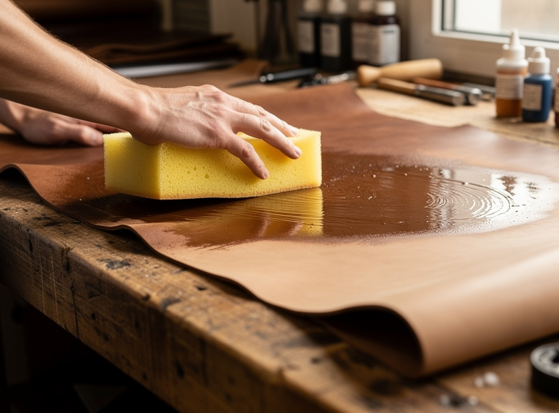 Casing a large vegetable-tanned leather panel by wiping it evenly damp with a big sponge before dyeing