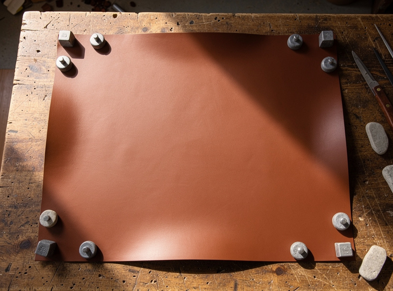 A large evenly dyed brown leather bag panel laid flat to dry with small weights holding the corners down to stop curling