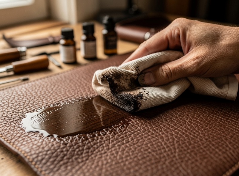 A hand wiping leather deglazer over an over-darkened leather piece with a cloth to strip back excess dye, the cloth coming away stained
