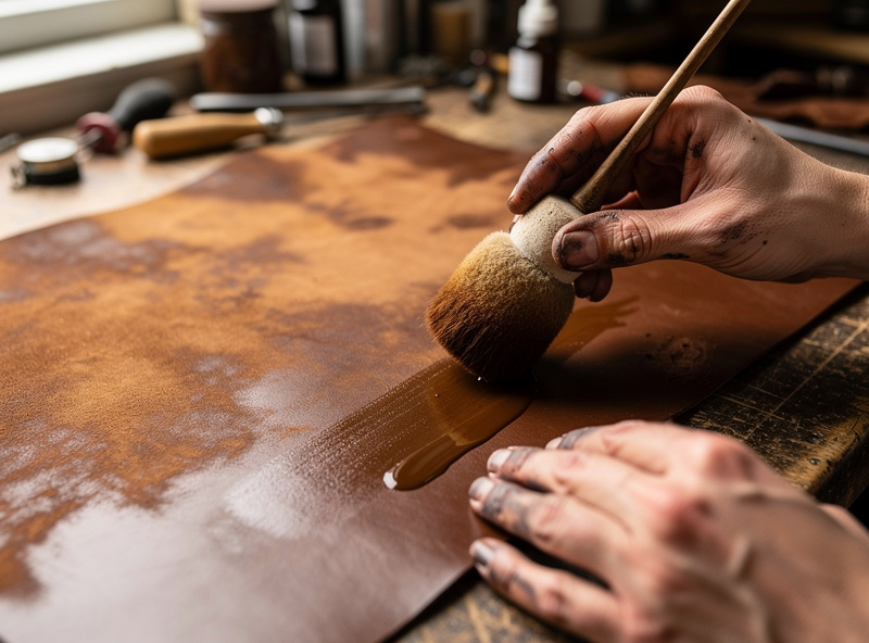 Applying an even overdye coat of darker brown leather dye over a blotchy patchy panel to blend the unevenness with a wool dauber